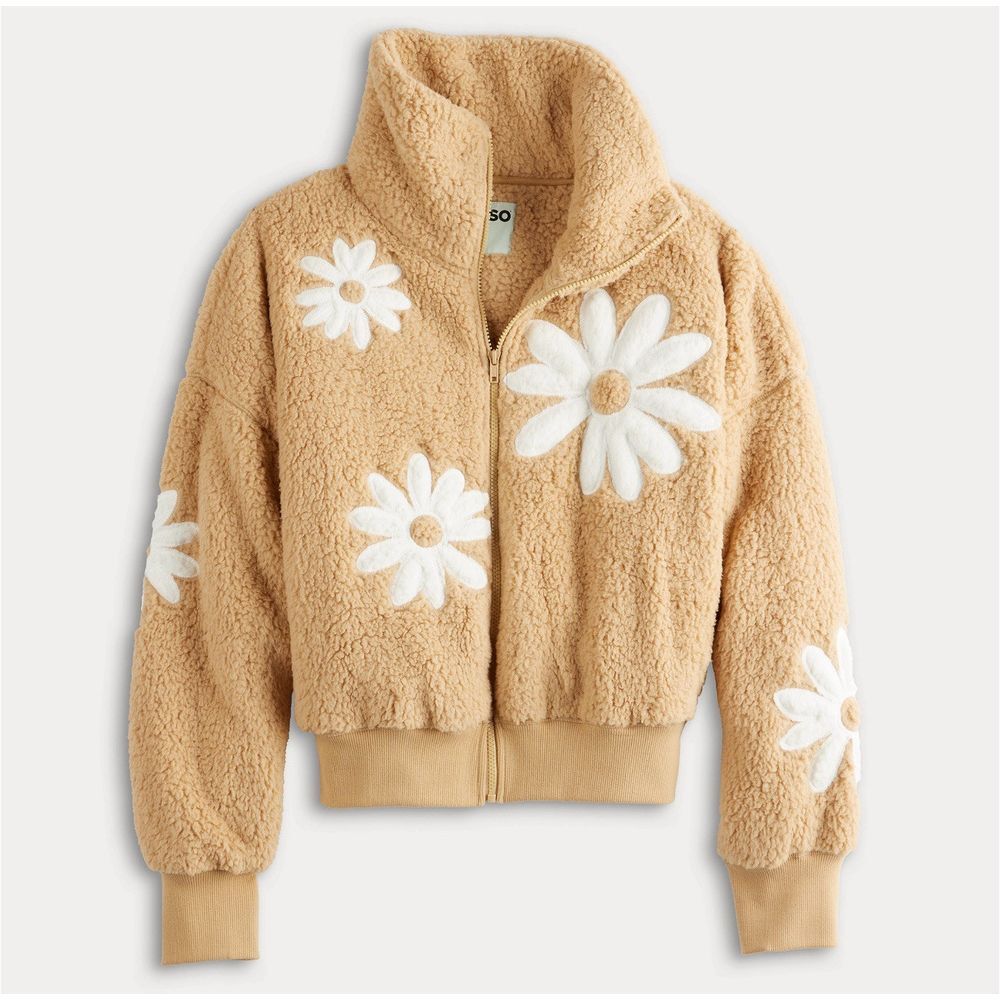NEW! Juniors' 90's-Inspired XXL Cropped Tan Teddy Sherpa White Boho Flowers NWT